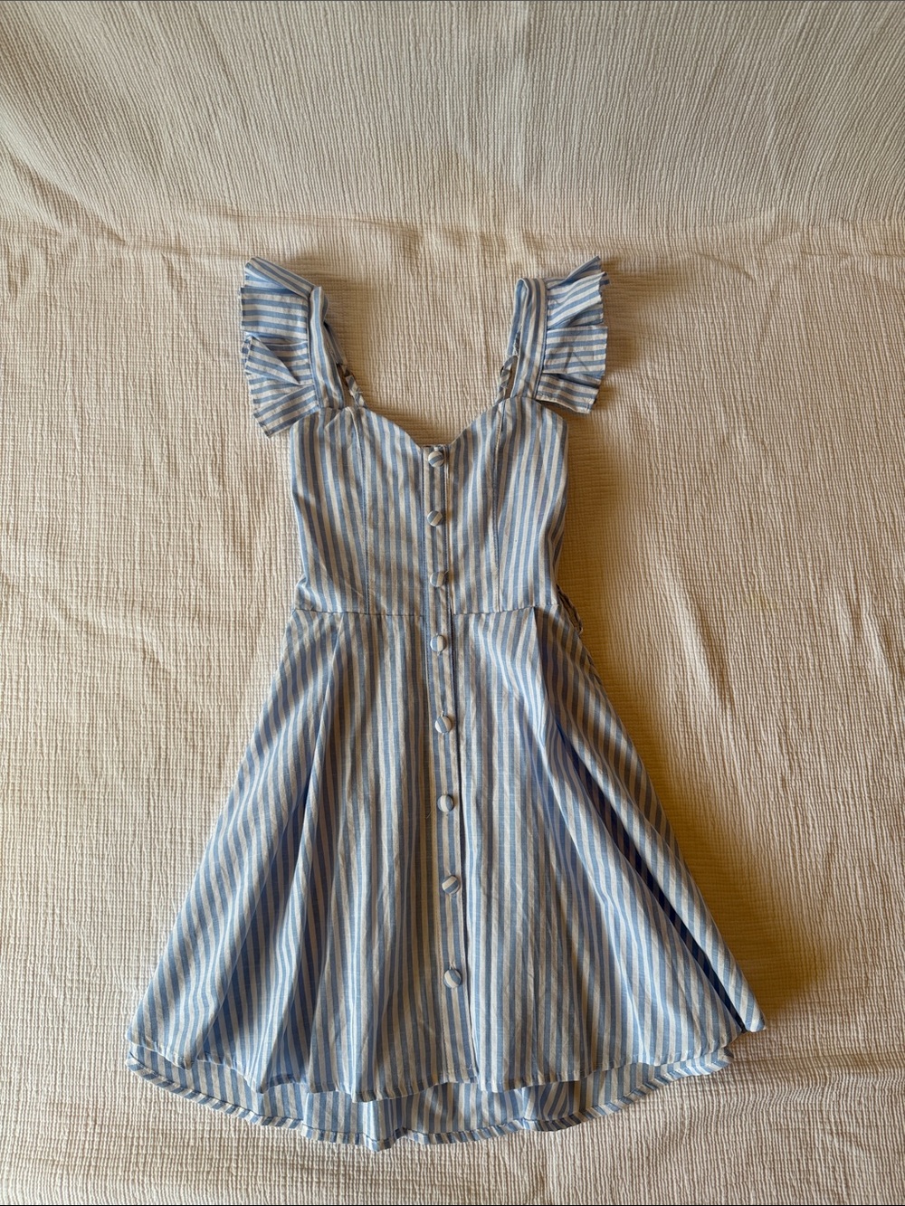 Luxxel Blue and White Striped Button-Front Ruffle Strap Dress